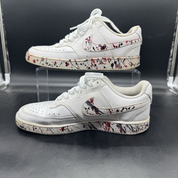 Nike Court Vision Mens Size 7 Low Triple White Custom Painted Splatter GUC - Picture 2 of 8